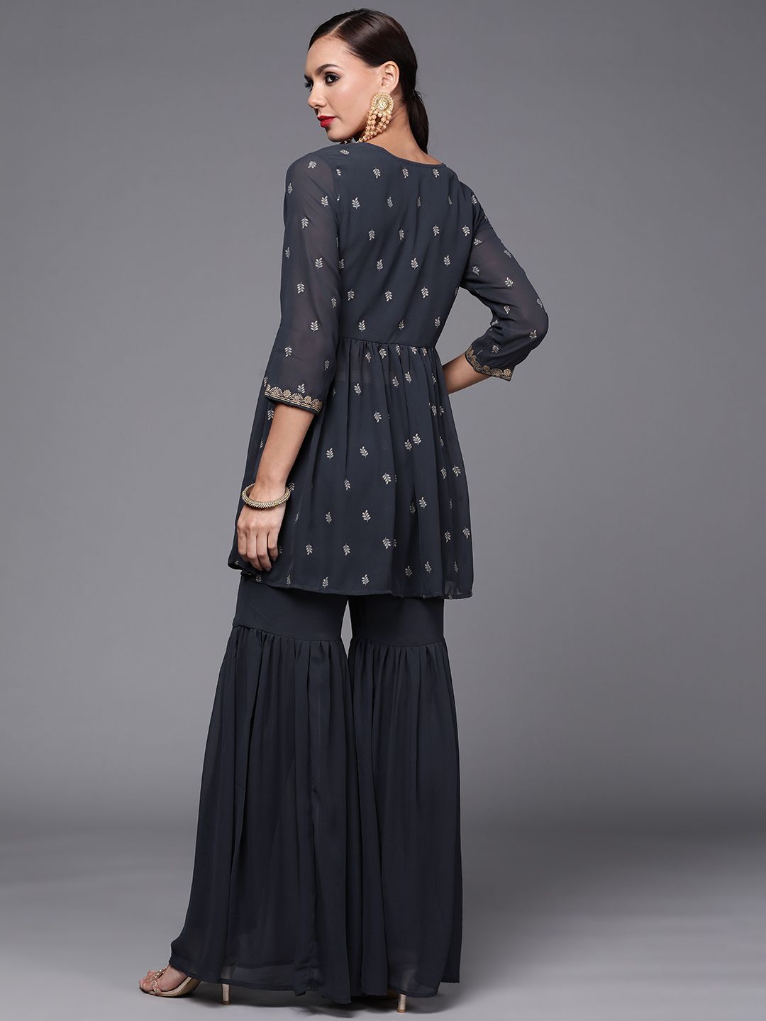 Women Navy Blue Printed Pleated Beads and Stones Kurta with Sharara