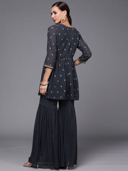Women Navy Blue Printed Pleated Beads and Stones Kurta with Sharara