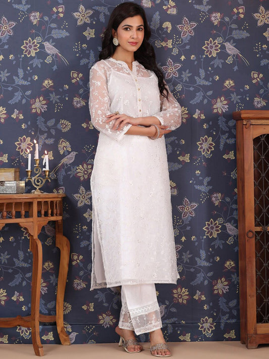 Dhiyona PD Women Ethnic Motif Embroidered Mandarin Collar Kurta With Palazzos & Slip