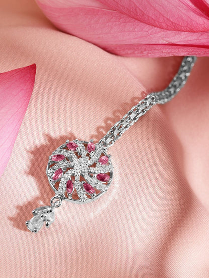 Dhiyona RJ Women's Rhodium-Plated Cubic Zirconia Studded Maang Tikka Head Jewellery