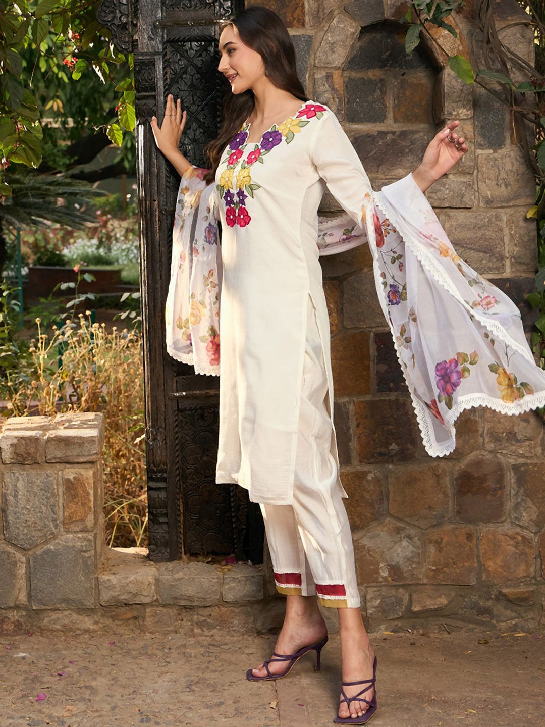 Floral Embroidered Patchwork Straight Kurta With Trousers & Dupatta