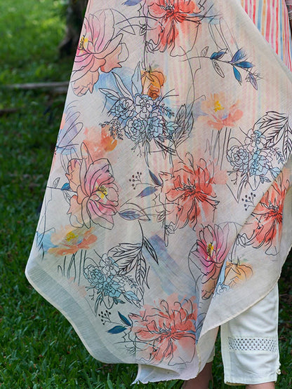 Dhiyona IE White Striped Thread Work Pure Cotton Kurta with Trousers & Dupatta