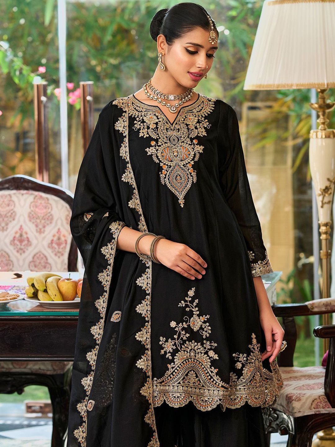 Floral Embroidered Sequinned Chinon A-Line Kurta With Palazzos & Dupatta
