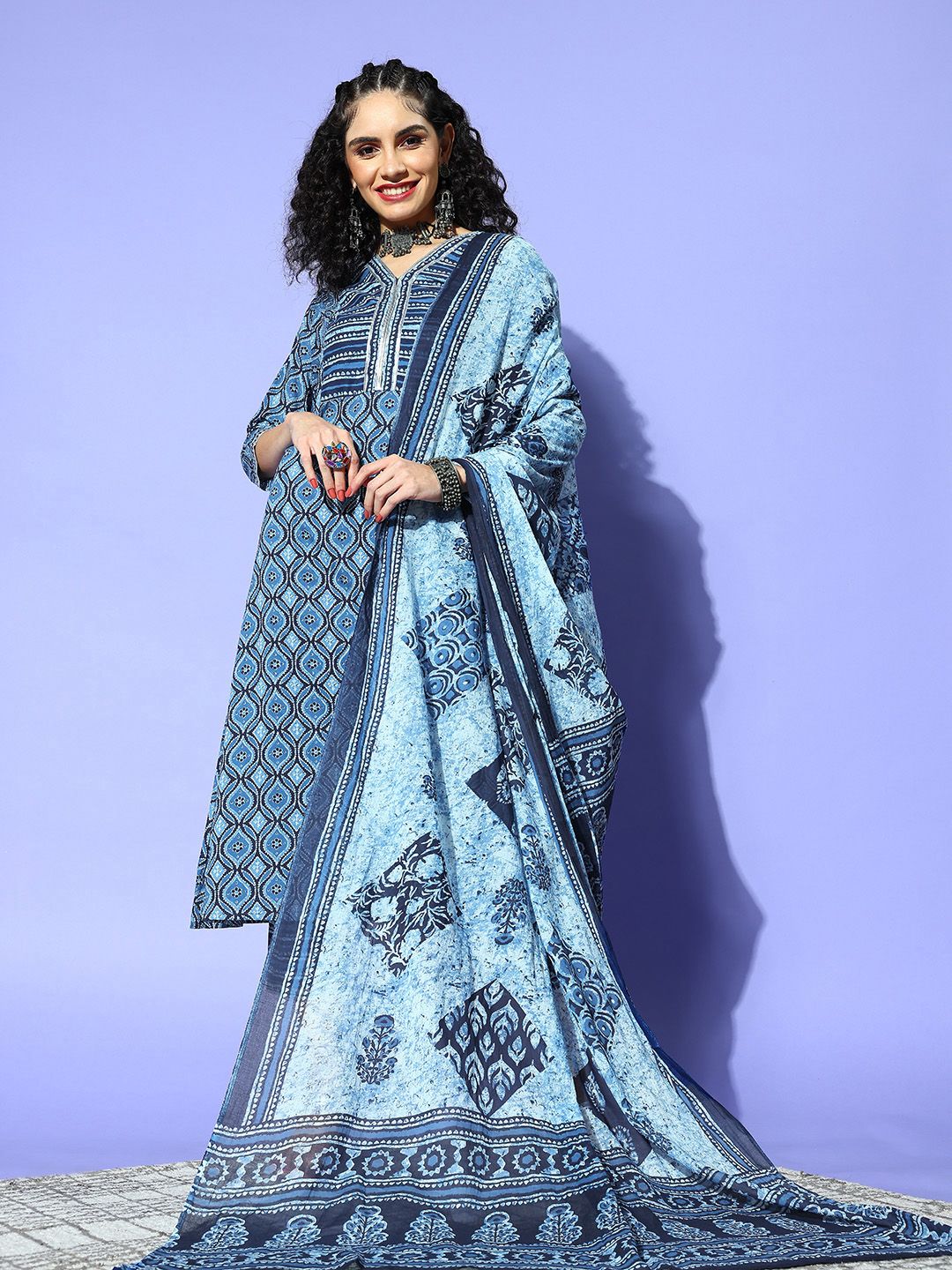 Women Blue Cotton Blend i Suit Kurta Set