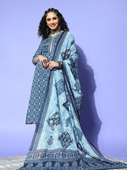 Women Blue Cotton Blend i Suit Kurta Set