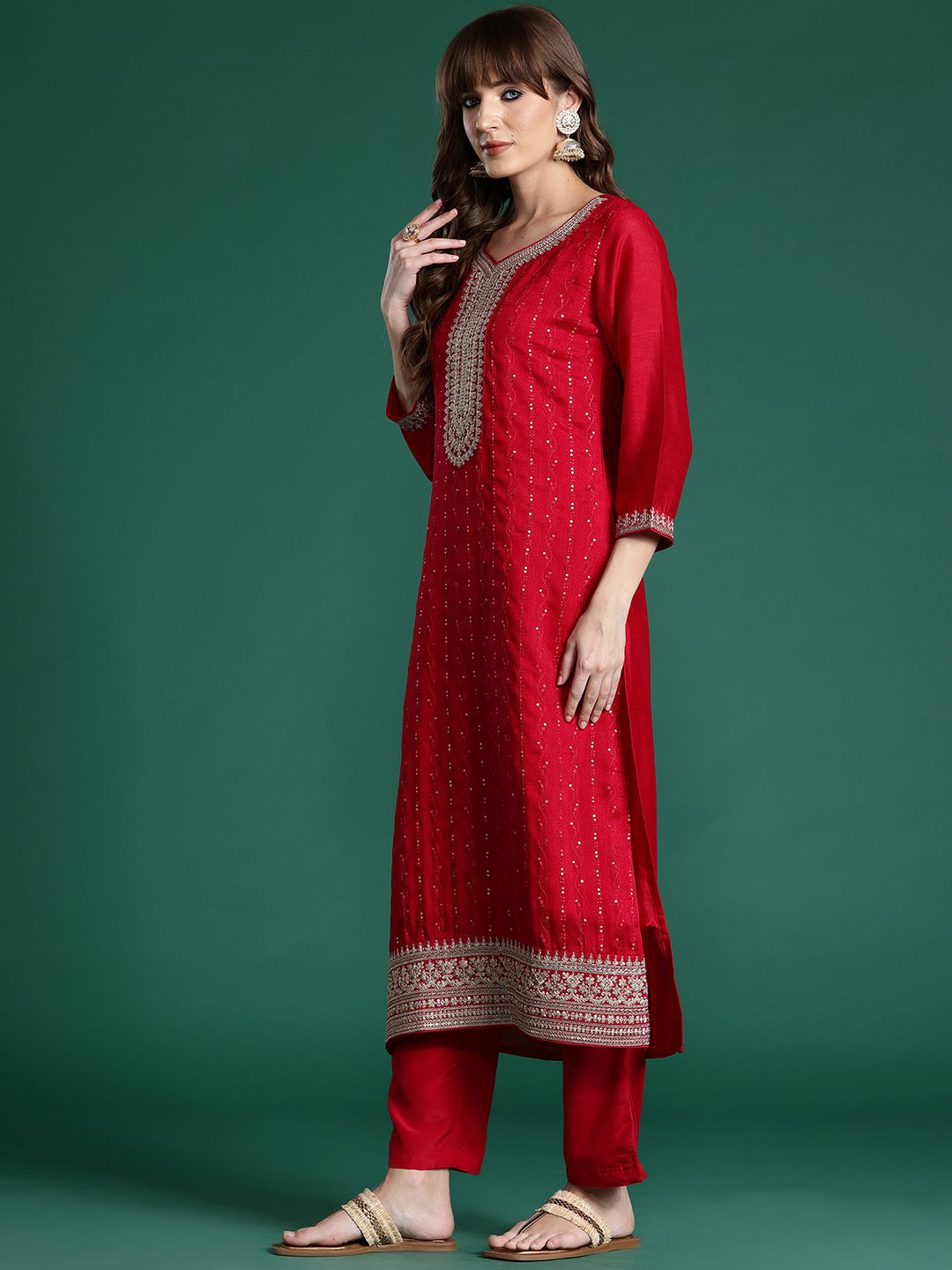 Ethnic Motifs Embroidered Sequinned Kurta with Trousers & With Dupatta