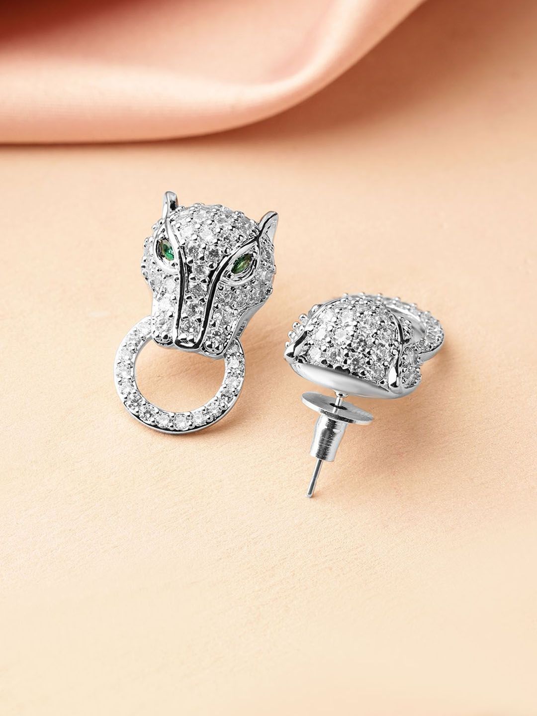 Dhiyona RJ Women's Rhodium-Plated Cubic Zirconia Panther Design Stud Earrings with Emerald Accents