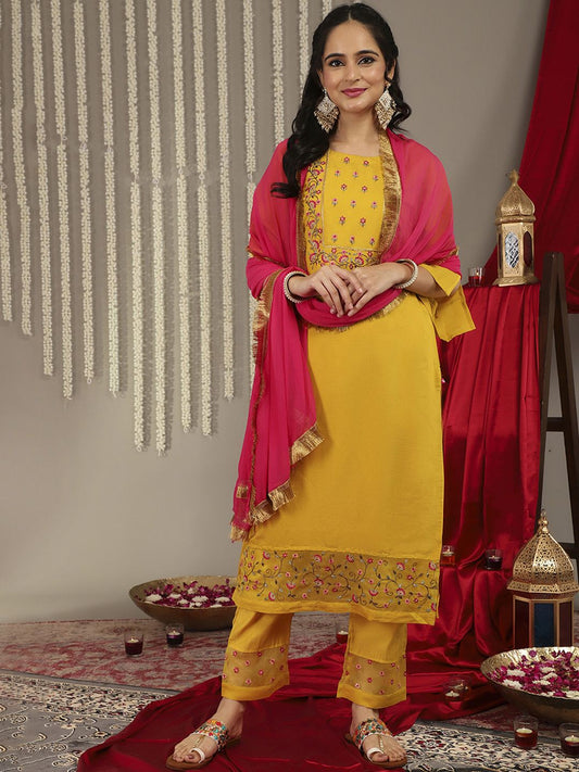 Dhiyona VA Women's Floral Yoke Design Kurta with Trousers & Dupatta