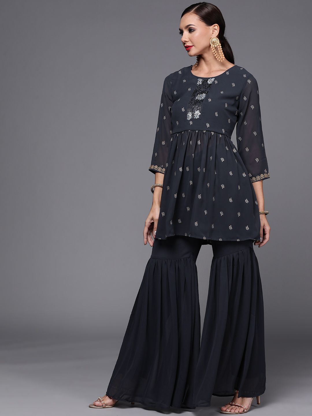Women Navy Blue Printed Pleated Beads and Stones Kurta with Sharara