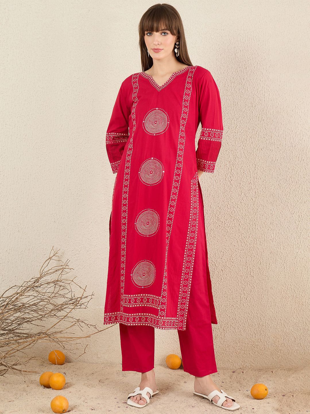 Dhiyona IE Ethnic Motifs Printed Pure Cotton V-Neck A-Line Kurta With Trousers & Dupatta
