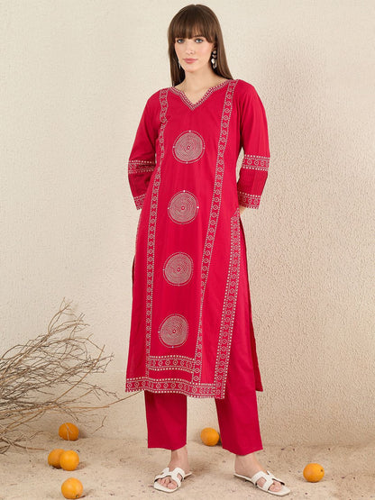 Dhiyona IE Ethnic Motifs Printed Pure Cotton V-Neck A-Line Kurta With Trousers & Dupatta