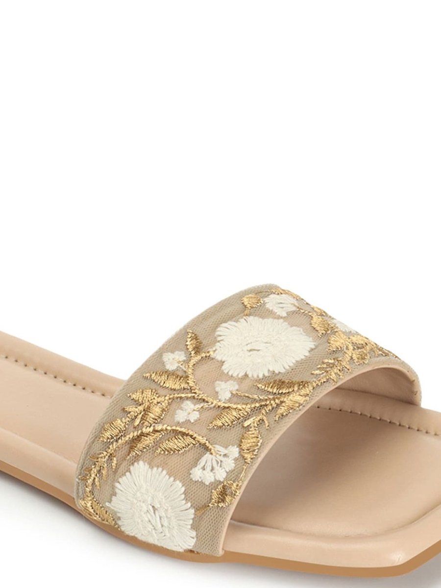 Dhiyona AK Beige Floral Embroidered Open Toe Flats