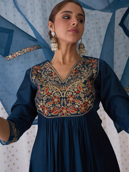 Dhiyona IE Floral Embroidered Round Neck Liva Straight Kurta with Trousers & Dupatta