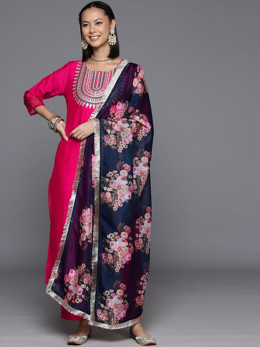 Dhiyona VA Women'sPink Ethnic Yoke Design Regular Thread Work Kurta & Trousers With Dupatta