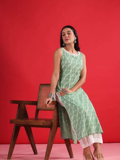 Dhiyona IE Geometric Printed Round Neck Sleeveless Gotta Patti Cotton Straight Kurta