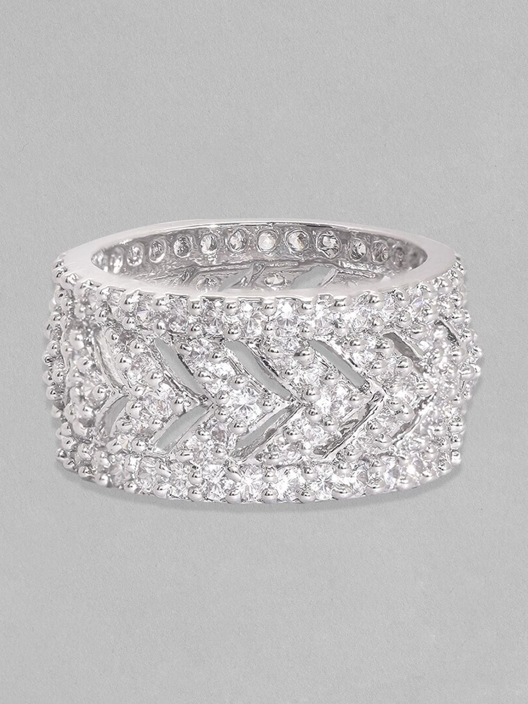 Dhiyona RJ Women's Rhodium-Plated Cubic Zirconia Stone-Studded Finger Ring
