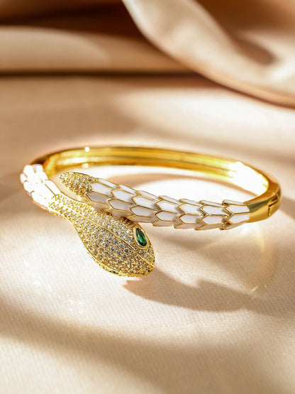 Dhiyona RJ Women's 22K Gold-Plated Zirconia Snake Motif Bracelet with Enamel Details & Emerald Accents