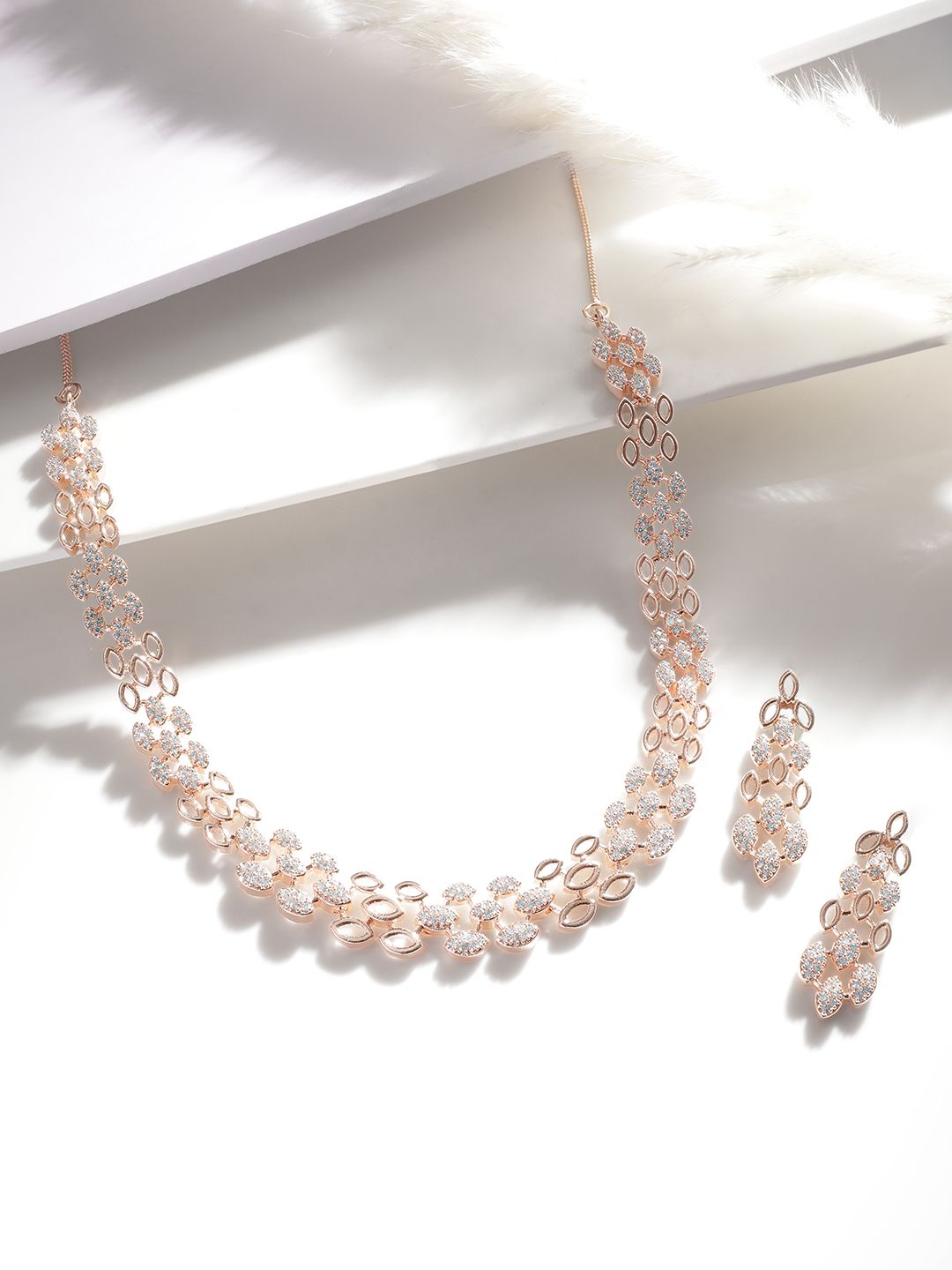 Dhiyona RJ Women's Rose Gold-Plated White CZ-Studded Jewellery Set