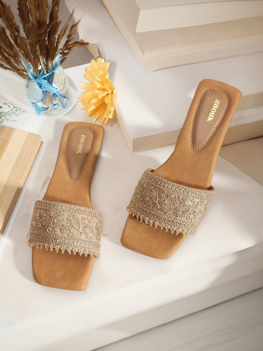 Dhiyona AK Beige Ethnic Embellished Open Toe Flats