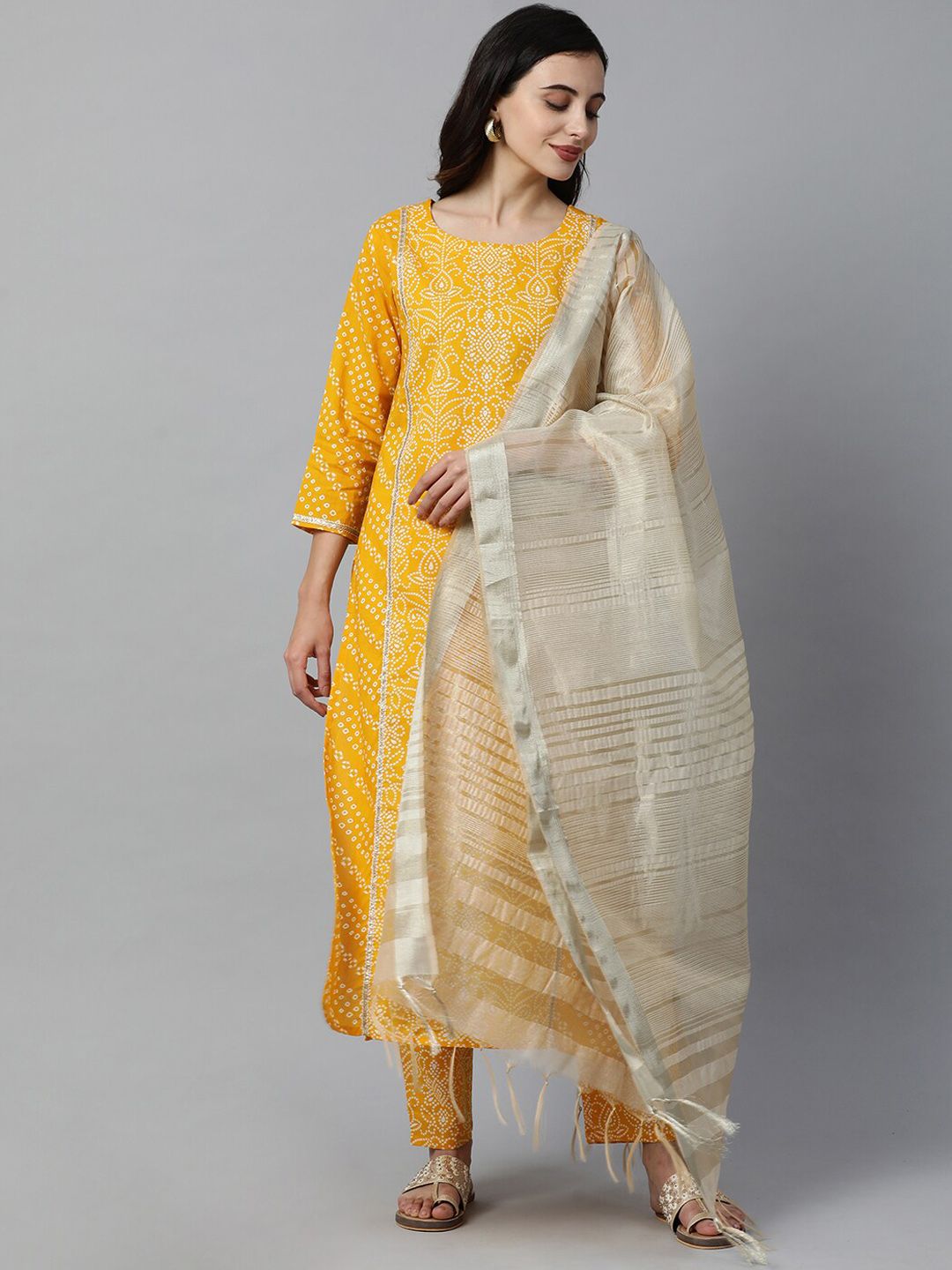 Women Yellow & White Printed Kurta with Trousers & Dupatta