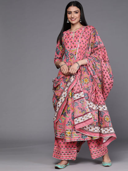 Dhiyona LB Women's Women Pink Floral Printed Panelled Pure Cotton Kurta with Palazzos & With Dupatta