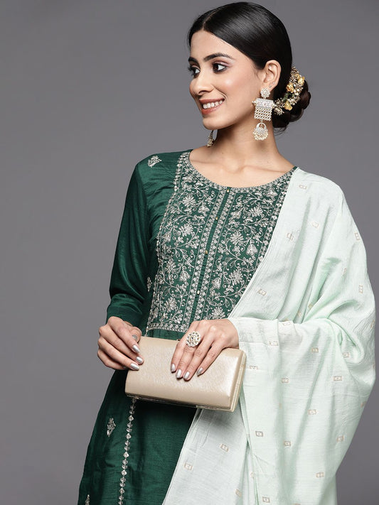 Dhiyona VA Women's Green Ethnic Motifs Yoke Design Gotta Patti Pure Cotton Kurta with Trousers & With Dupatta