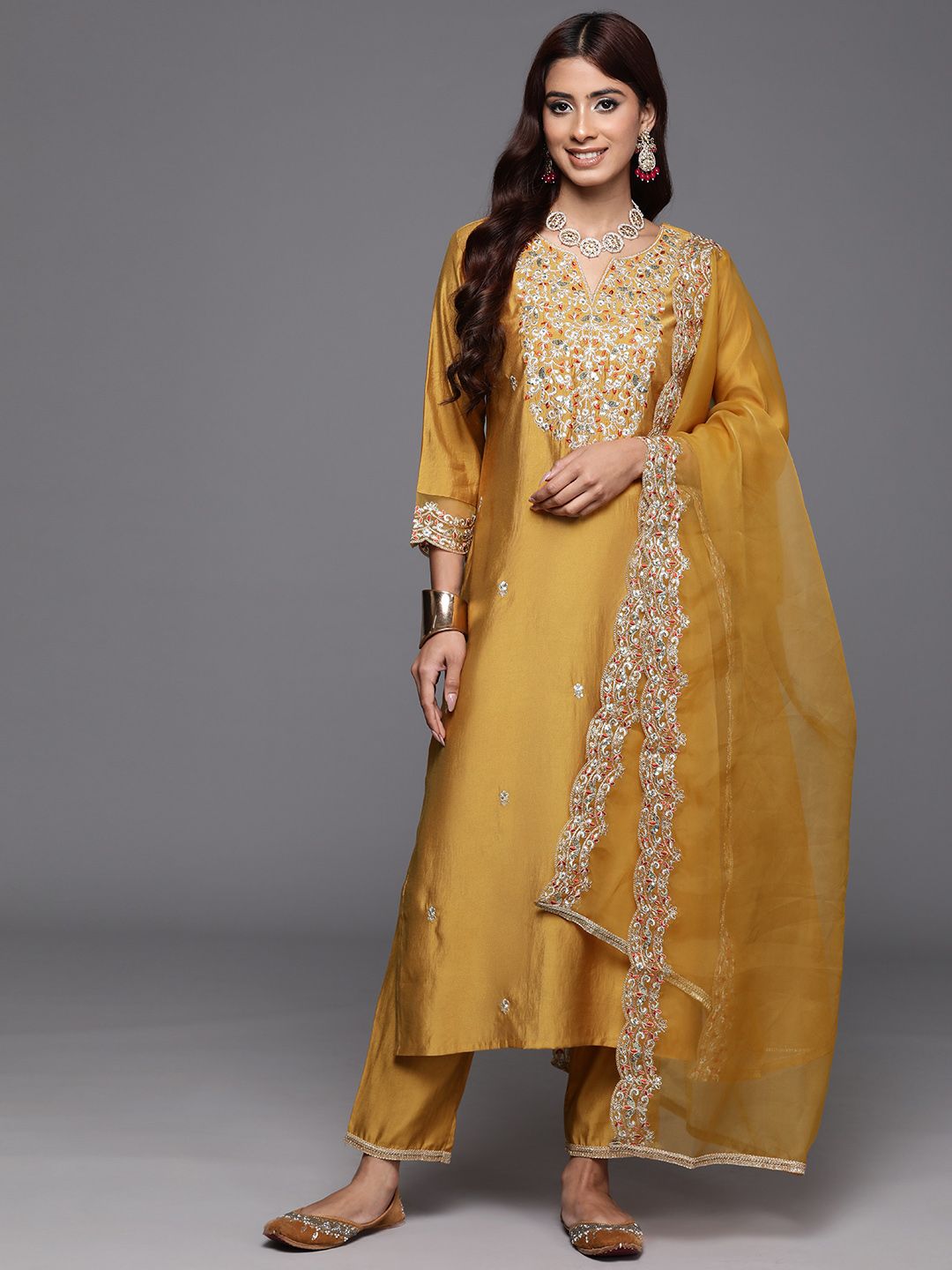 Dhiyona IE Floral Embroidered Sequinned Liva Kurta with Trousers & Dupatta
