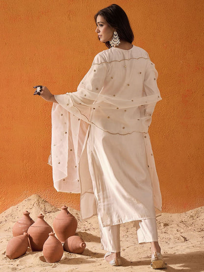 Dhiyona IE Off White Ethnic Motifs Embroidered Panelled Zari Kurta With Trousers & Dupatta