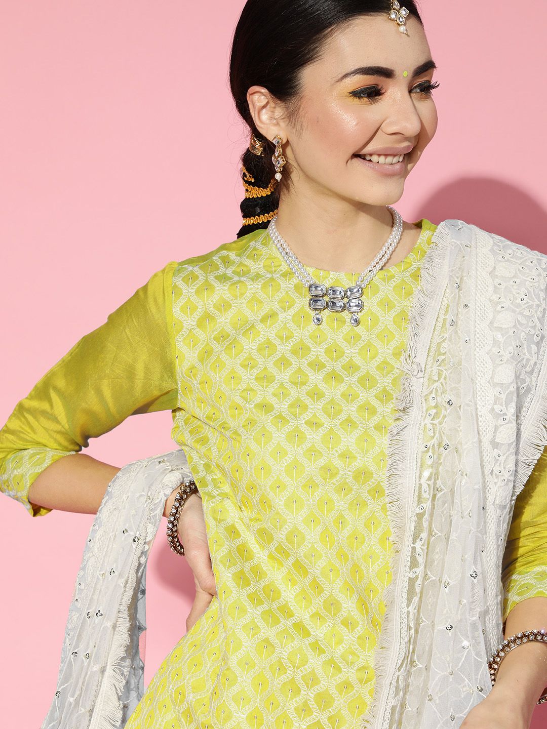 Women Olive Green Embroidered Regular Sequinned Chanderi Cotton Kurta with Trousers & With Dupatta