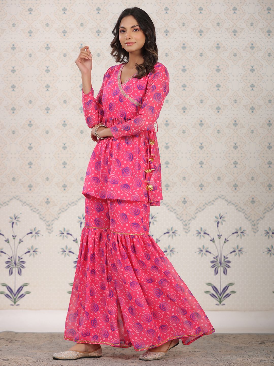 Dhiyona OD  Red Bandhani Printed Angrakha A-Line Kurti With Sharara
