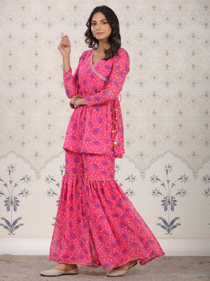 Dhiyona OD  Red Bandhani Printed Angrakha A-Line Kurti With Sharara