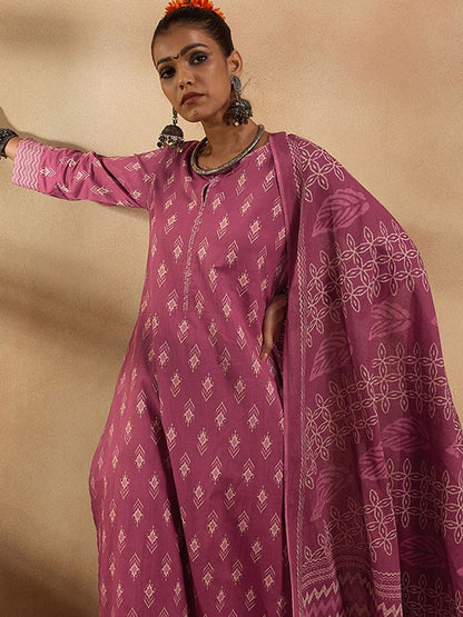 Ethnic Motifs Printed Pure Cotton Straight Kurta with Trousers & Dupatta
