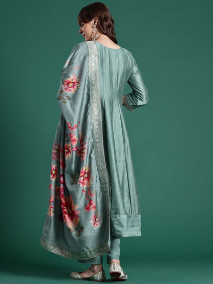 Floral Embroidered Sequinned Kurta With Trousers & Dupatta