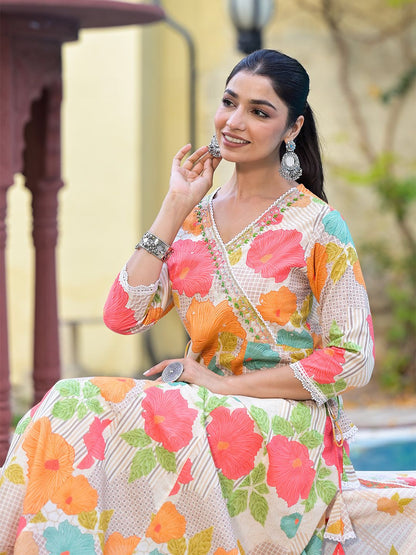Dhiyona IS Women's Floral Printed Angrakha Beads and Stones Anarkali Kurta With Trouser & Dupatta
