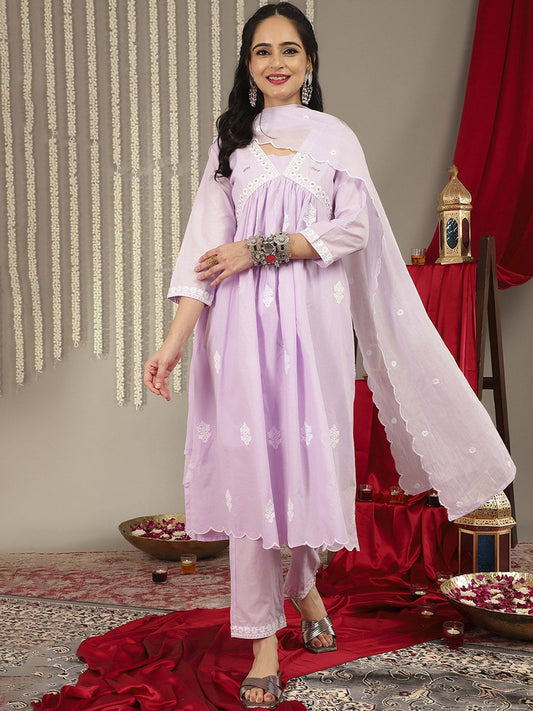 Dhiyona VA Women'sFloral Embroidered Empire Thread Work Pure Cotton Kurta With Trousers & Dupatta