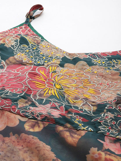 Dhiyona VA Women'sFloral Printed Zari Kurta With Palazzos & Dupatta