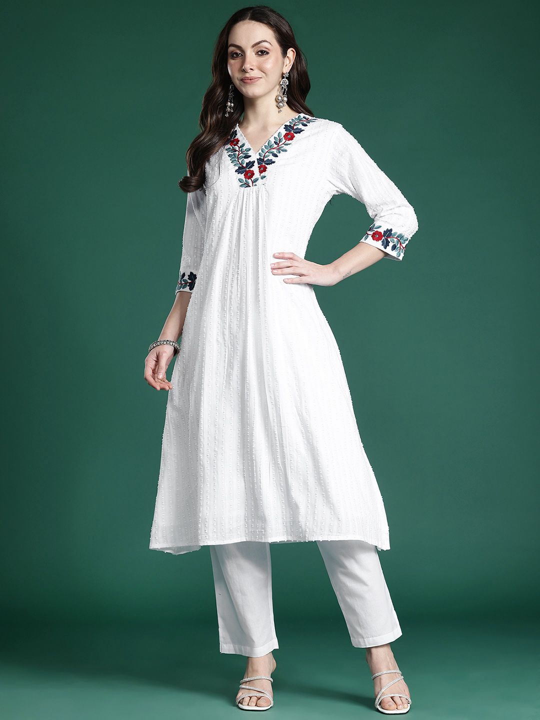 Self Design Thread Work Pure Cotton Kurta with Trousers