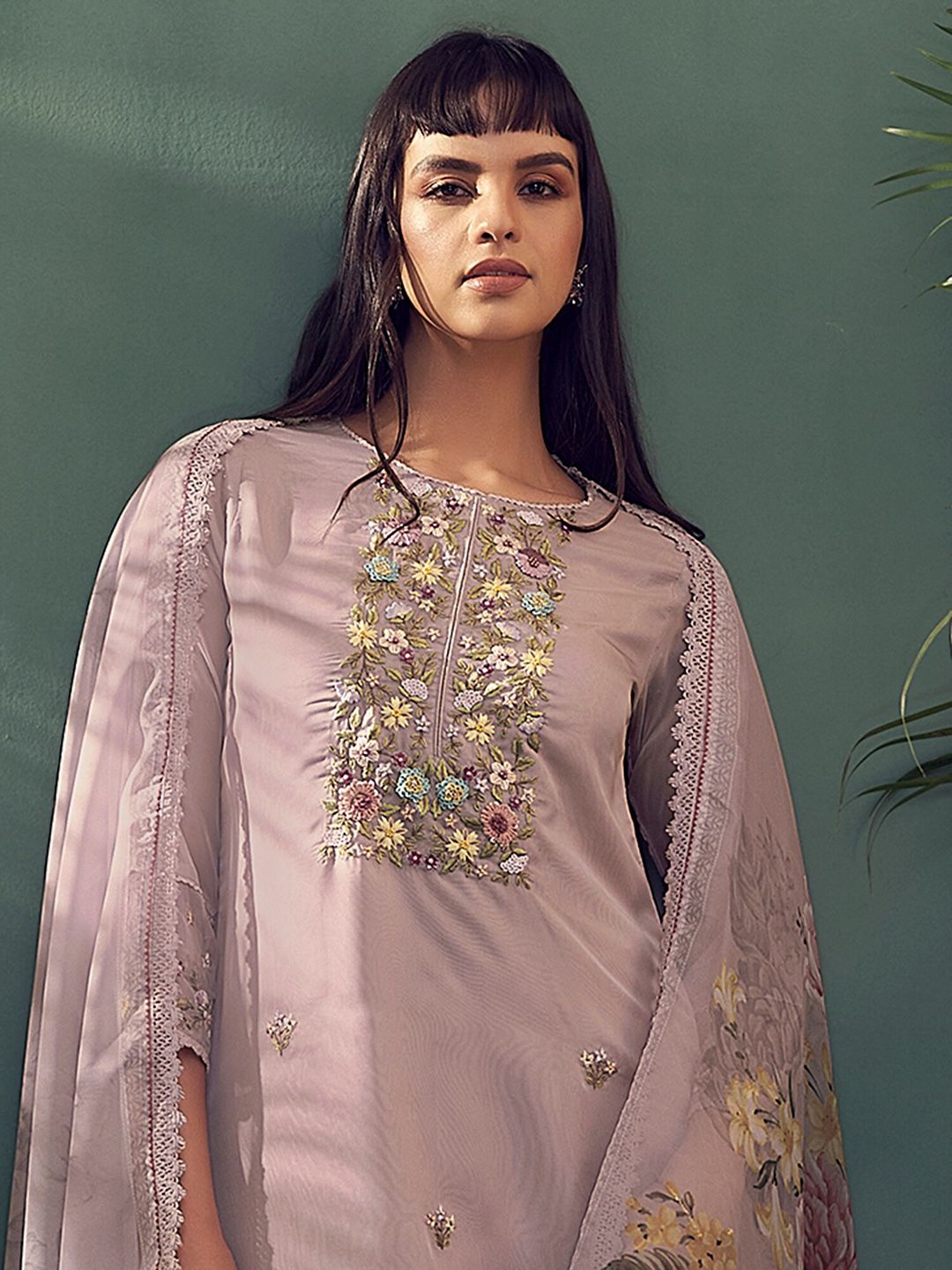 Floral Embroidered Thread Work Kurta With Trousers & Dupatta