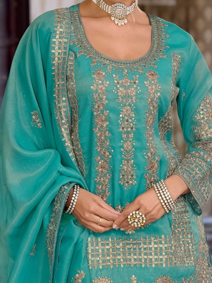 Women Ethnic Motifs Embroidered Regular Sequinned Kurta with Palazzos & With Dupatta