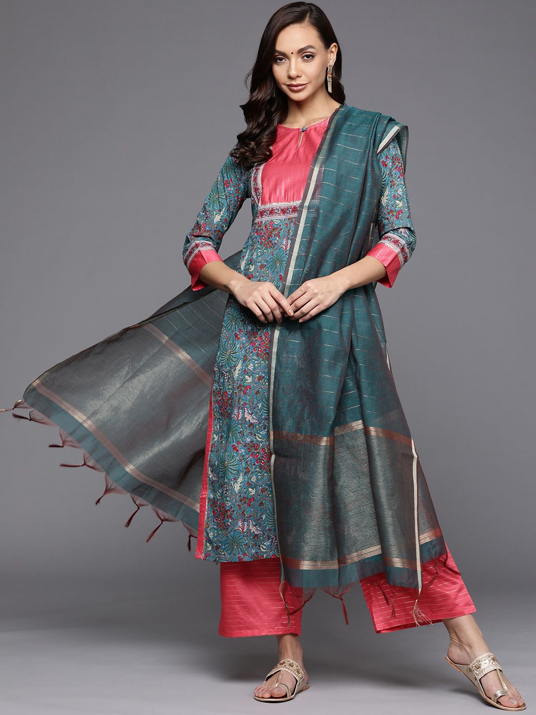 Women Blue Ethnic Motifs Printed Kurta with Palazzos & With Dupatta