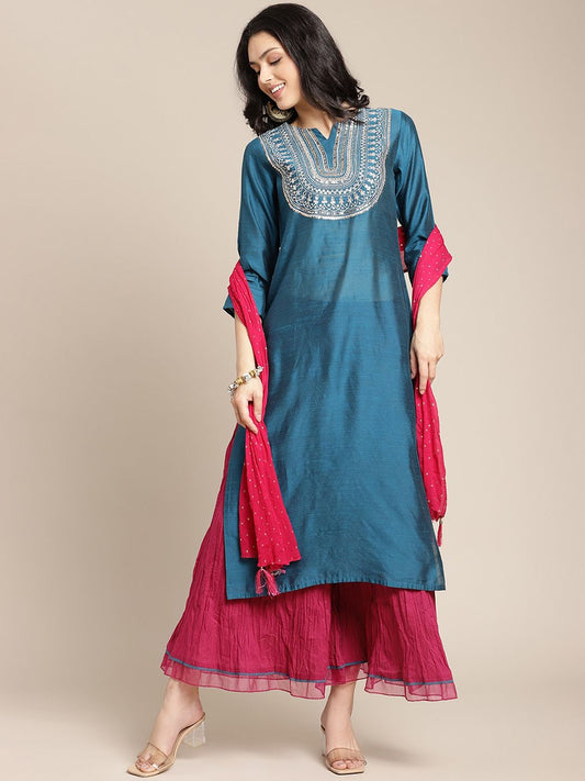 Dhiyona VA Women's Teal & Red Embroidered Kurta & Palazzo With Dupatta