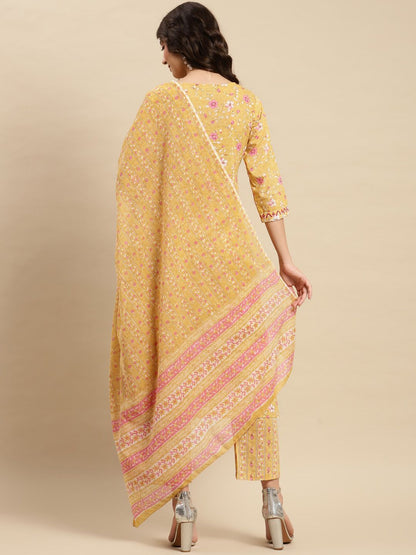 Dhiyona SN Women's Yellow & Pink Floral Printed Pure-Cotton Straight Kurta With Trouser & Dupatta