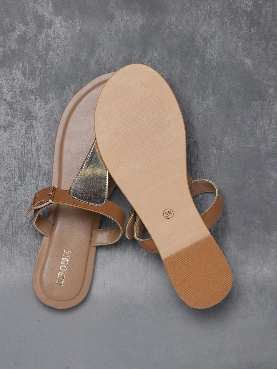 Dhiyona AK Women Gold-Toned & Brown Colourblocked T-Strap Flats