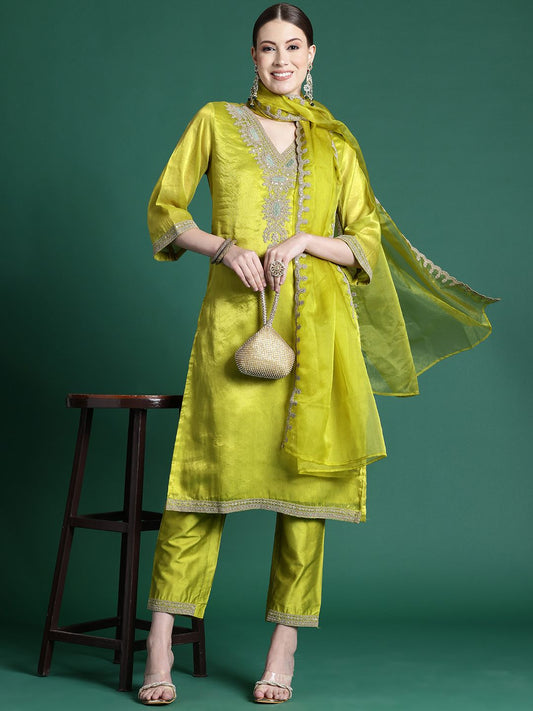 Dhiyona IE Women Ethnic Motifs Embroidered Regular Kurta with Trousers & With Dupatta