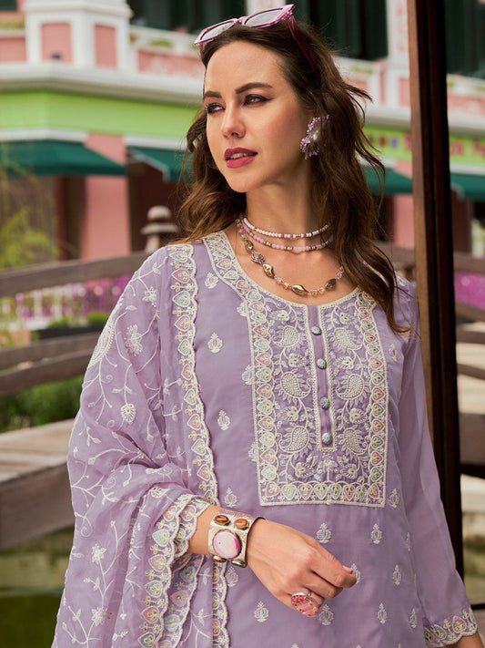 Dhiyona IE Floral Embroidered Round Neck Mirror Work Organza Kurta & Trouser & Dupatta