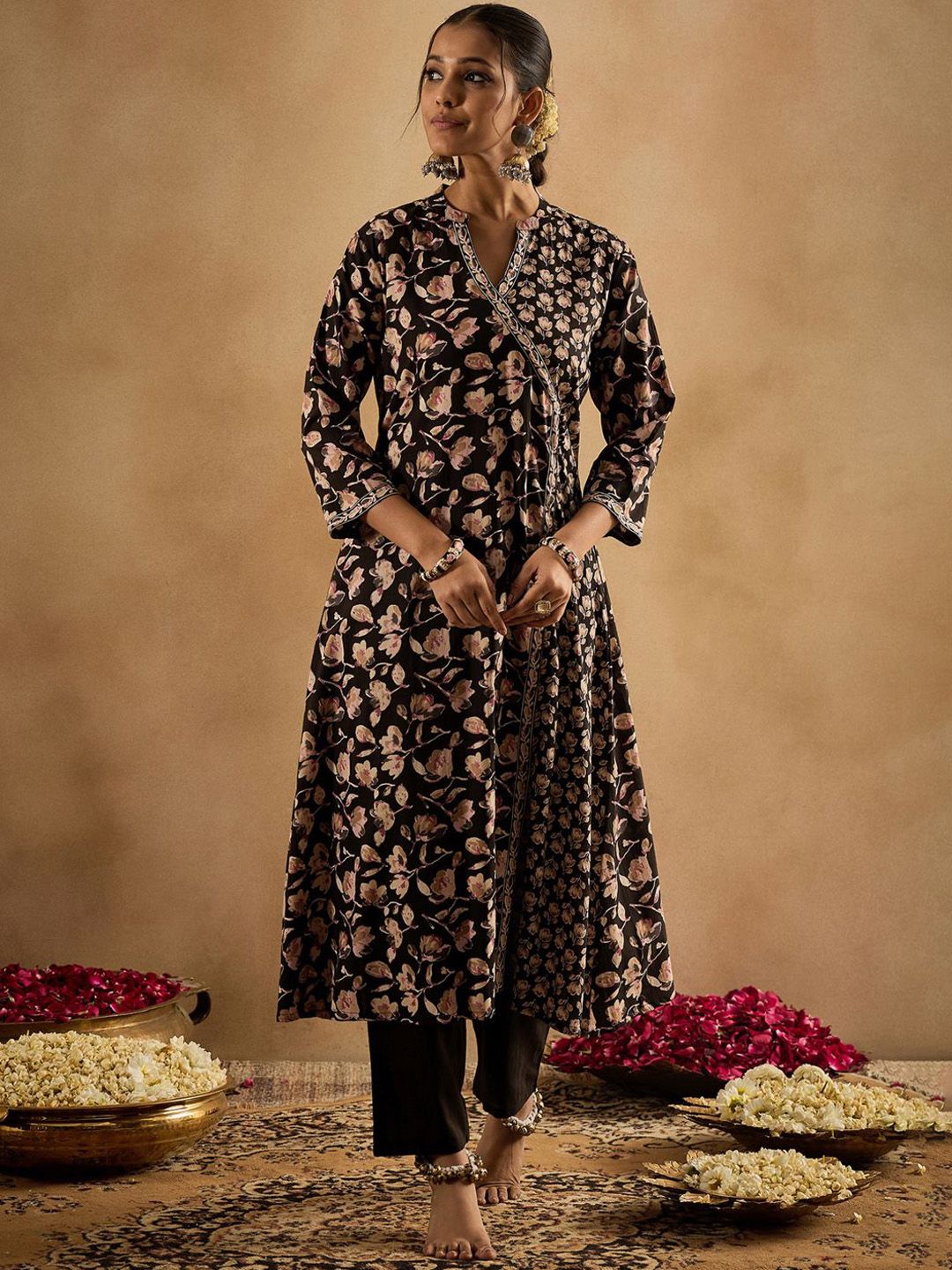 Dhiyona IE Floral Printed Angrakha Pure Cotton A-Line Kurta With Trousers & Dupatta