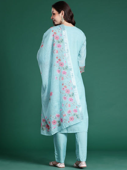 Dhiyona IE Floral Embroidered Linen Kurta with Trousers & Dupatta