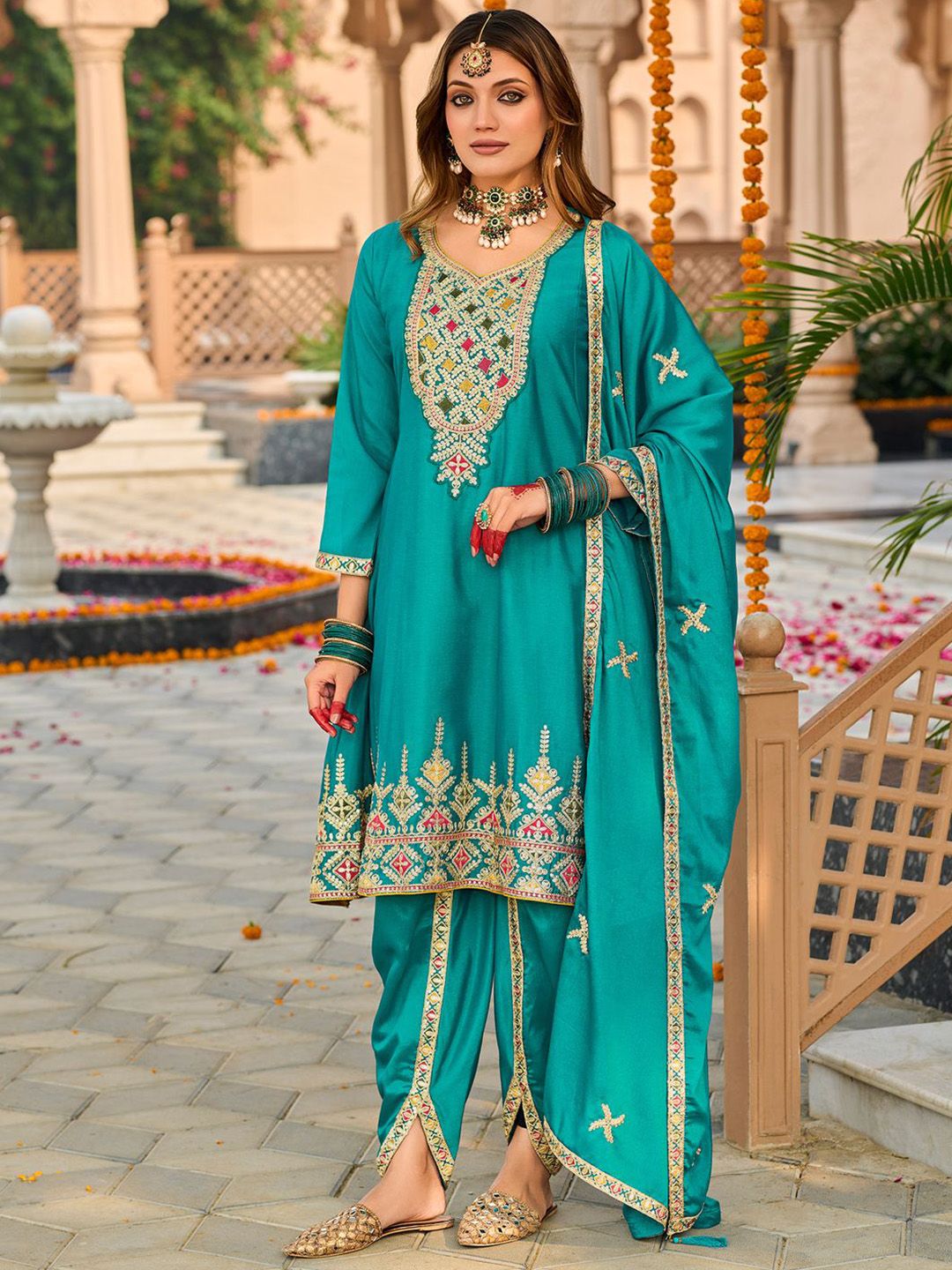 Floral Embroidered Mirror Work Sequinned Anarkali Kurta With Dhoti & Dupatta