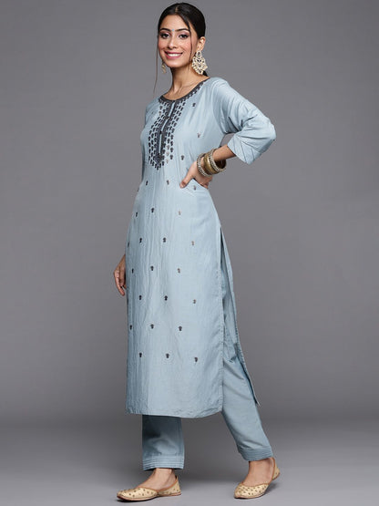 Dhiyona VA Women's Blue & Silver Floral Sequined Straight Kurta Trousers & Ombre Dyed Dupatta