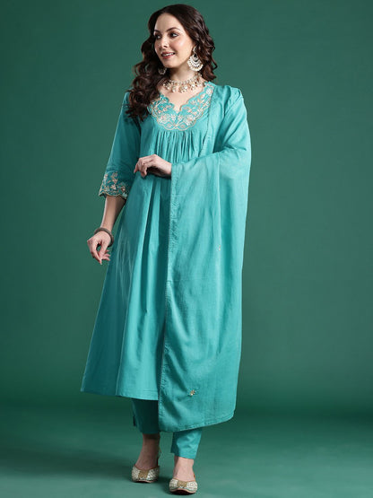 Dhiyona IE Floral Embroidered Pure Cotton Kurta with Trousers & Dupatta